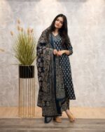 Heavy cotton ethnic kurti set with handwork on neckline, matching pant, and 100% cotton dupatta, fully stitched,