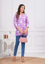 Women's Ikat Printed Cotton Kurti in White with pink Pattern
