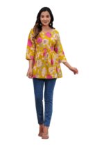 Women's Floral Printed Cotton Peplum Top in Yellow with Pink and White Flowers