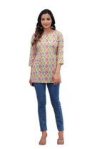 Women's Ikat Printed Cotton Kurti in White with Multicolor Pattern