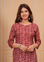 Women's Ikat Printed Cotton Kurti in Red color Pattern