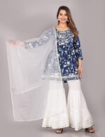 Women's Navy Blue Floral Printed Rayon Sharara Set with Embroidered Yoke and White Dupatta