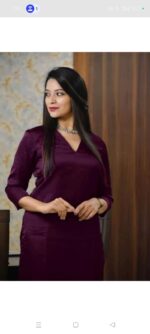 Women's Elegant Dark Purple V-Neck Kurti with Matching Pajama Set