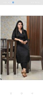 Women's Elegant Black V-Neck Kurti with Matching Pajama Set