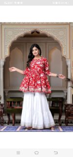 Women's Orenge Floral Printed Rayon Sharara Set with Embroidered Yoke and White Dupatta